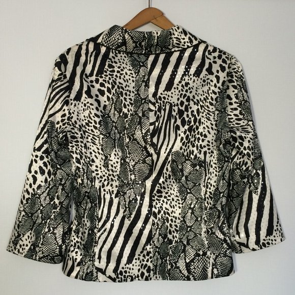 Joseph Ribkoff Womens Sequin Jacket Sz 8 Animal Print Black White Button Lined - Picture 2 of 8